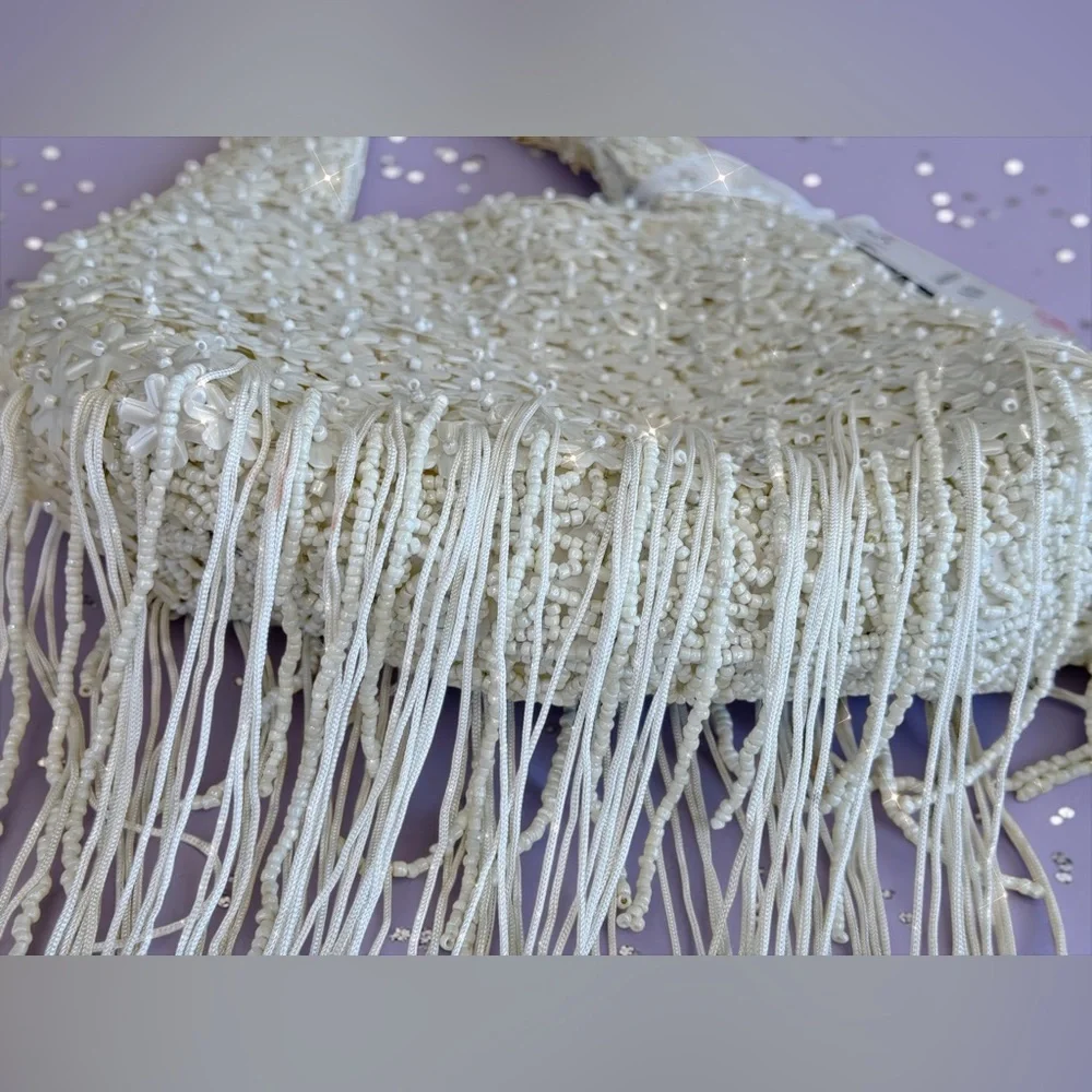Handcrafted Ivory Beaded Fringe Bag A VIRAL SENSATION! Brand New with Tags!